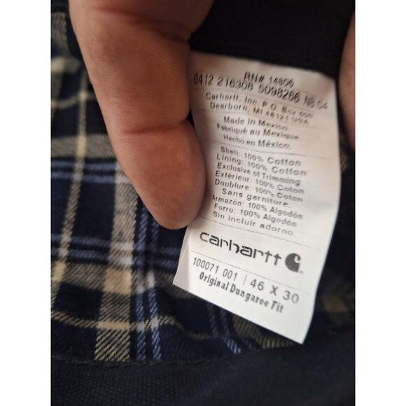 Carhartt Pants Mens 46x30 Black Duck Double Front Flannel Lined Dungaree New - Picture 6 of 12